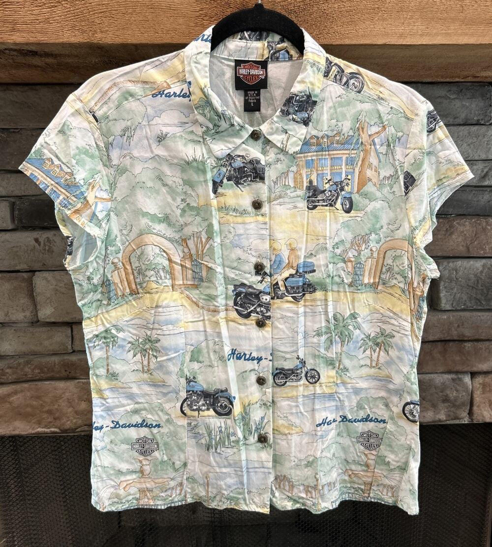 Women’s HARLEY DAVIDSON AOP Graphic Short Sleeve Button Up Shirt Size L *B8